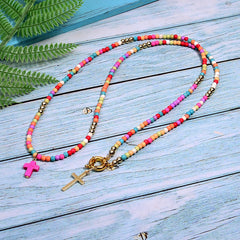 Boho Necklace, Seed Bead Layered Choker, Double Cross