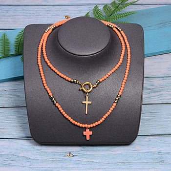 Boho Necklace, Seed Bead Layered Choker, Double Cross