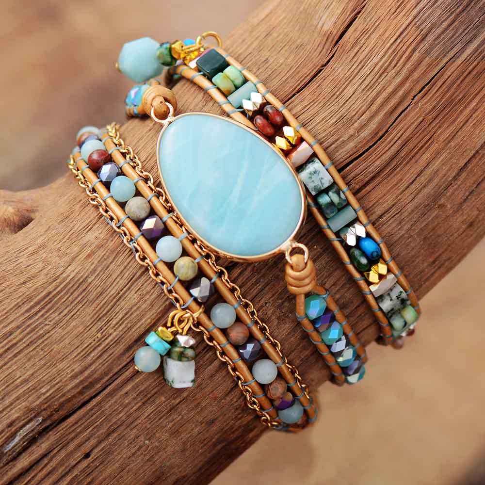 Boho Bracelet, 3 Layers Leather Wrap Bracelet, Ava Amazonite Beaded