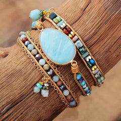 Boho Bracelet, 3 Layers Leather Wrap Bracelet, Ava Amazonite Beaded