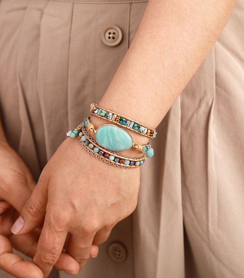 Boho Bracelet, 3 Layers Leather Wrap Bracelet, Ava Amazonite Beaded