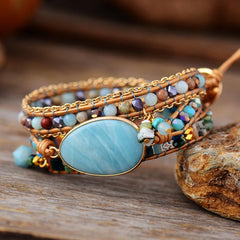 Boho Bracelet, 3 Layers Leather Wrap Bracelet, Ava Amazonite Beaded