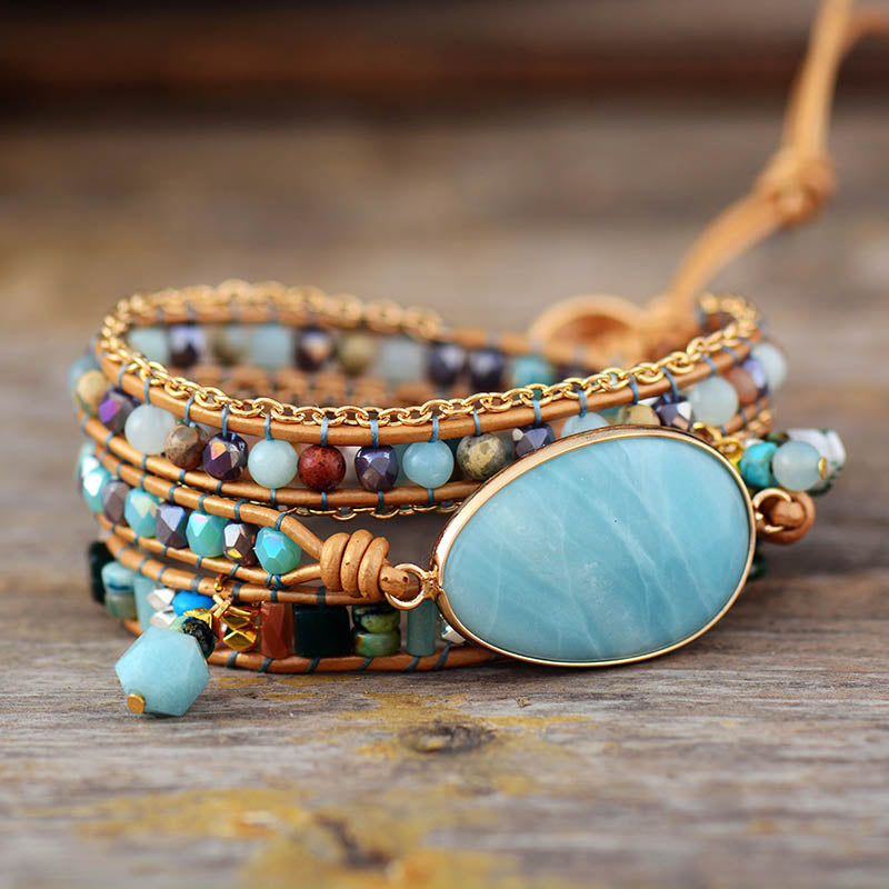 Boho Bracelet, 3 Layers Leather Wrap Bracelet, Ava Amazonite Beaded