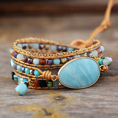 Boho Bracelet, 3 Layers Leather Wrap Bracelet, Ava Amazonite Beaded