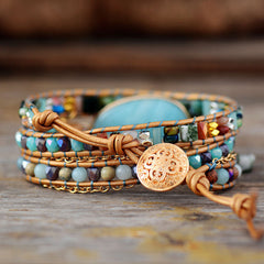 Boho Bracelet, 3 Layers Leather Wrap Bracelet, Ava Amazonite Beaded