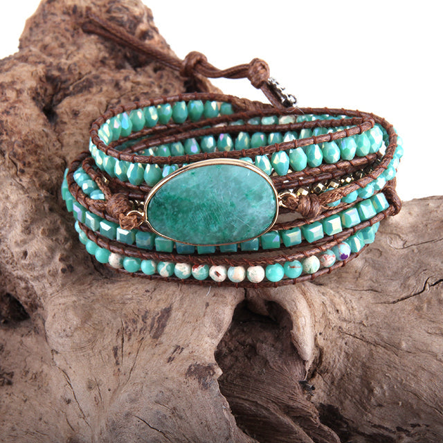 Boho Bracelet, RH 5 Layers Leather Wrap Bracelet, Natural Stones, Crystal Silver