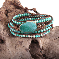 Boho Bracelet, RH 5 Layers Leather Wrap Bracelet, Natural Stones, Crystal Silver