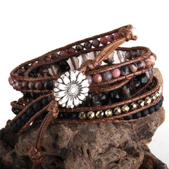 Boho Bracelet, RH 4 Layers Leather Wrap Bracelet, 4 mm Armbander Black Blue Natural Stones