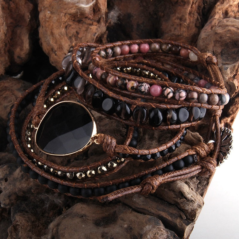 Boho Bracelet, RH 4 Layers Leather Wrap Bracelet, 4 mm Armbander Black Blue Natural Stones