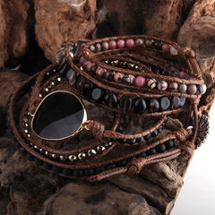 Boho Bracelet, RH 4 Layers Leather Wrap Bracelet, 4 mm Armbander Black Blue Natural Stones