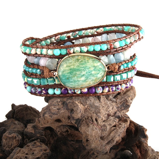Boho Bracelet, RH 4 Layers Leather Wrap Bracelet, 4 mm Armbander Black Blue Natural Stones