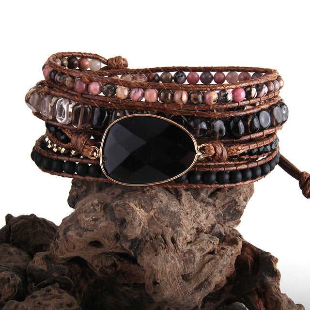 Boho Bracelet, RH 4 Layers Leather Wrap Bracelet, 4 mm Armbander Black Blue Natural Stones