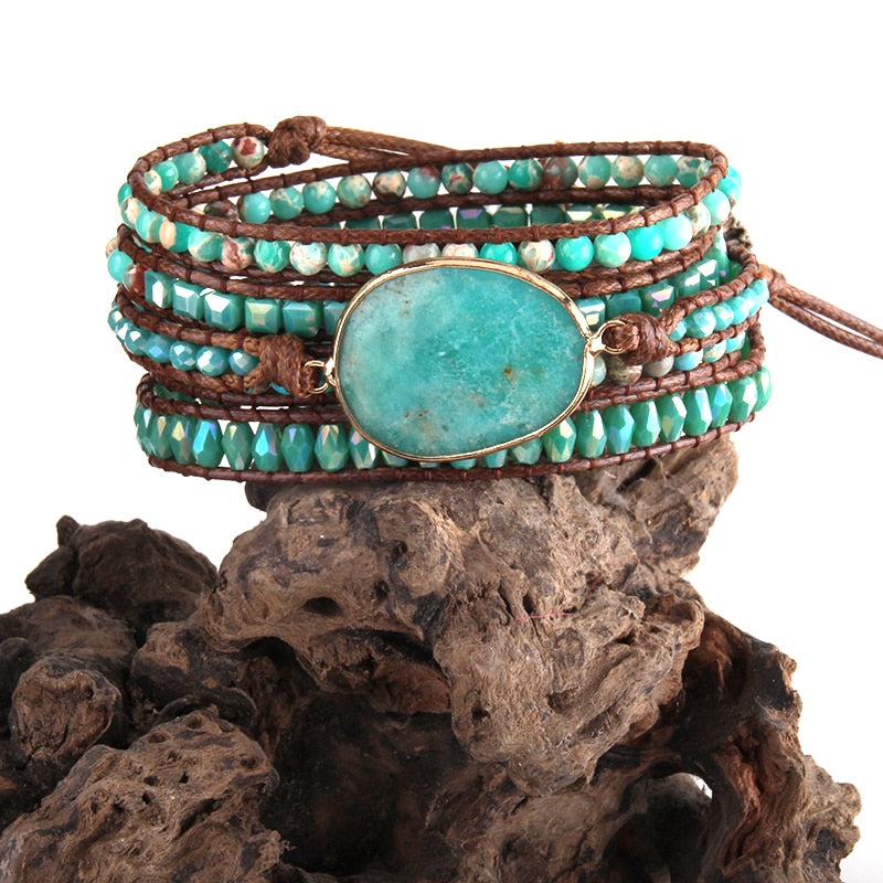 Boho Bracelet, RH 5 Layers Leather Wrap Bracelet, Natural Stones, Green Ocean