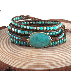 Boho Bracelet, RH 5 Layers Leather Wrap Bracelet, Natural Stones, Green Ocean