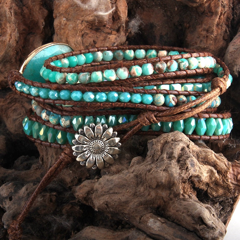 Boho Bracelet, RH 5 Layers Leather Wrap Bracelet, Natural Stones, Green Ocean