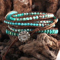 Boho Bracelet, RH 5 Layers Leather Wrap Bracelet, Natural Stones, Green Ocean