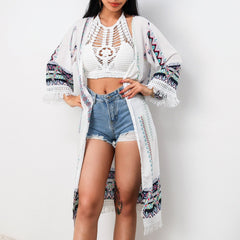 Boho Robe, Duster, Gypsy Flower in White Tribal Tassel