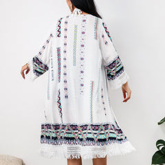 Boho Robe, Duster, Gypsy Flower in White Tribal Tassel
