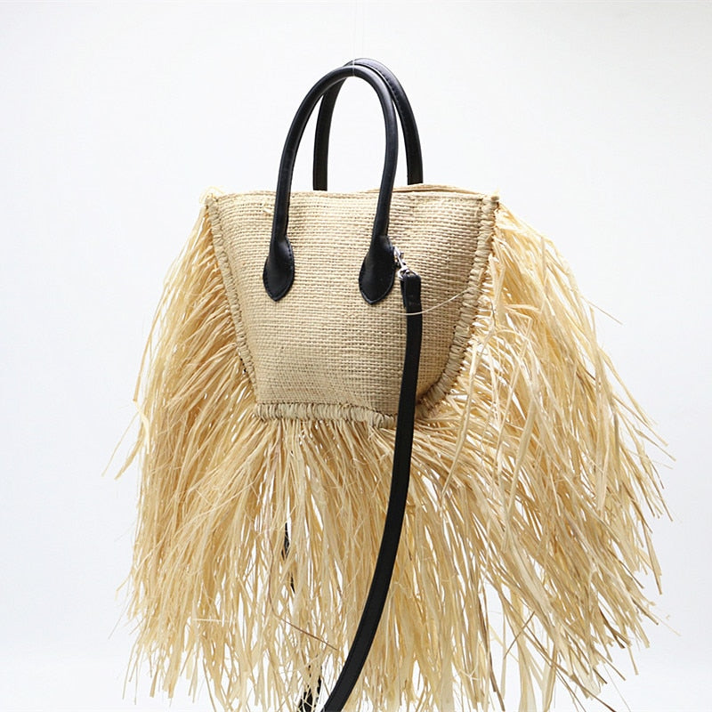 Boho Bag, Woven Raffia Bag, Rattan Bag, White Ivory Adele Tassel