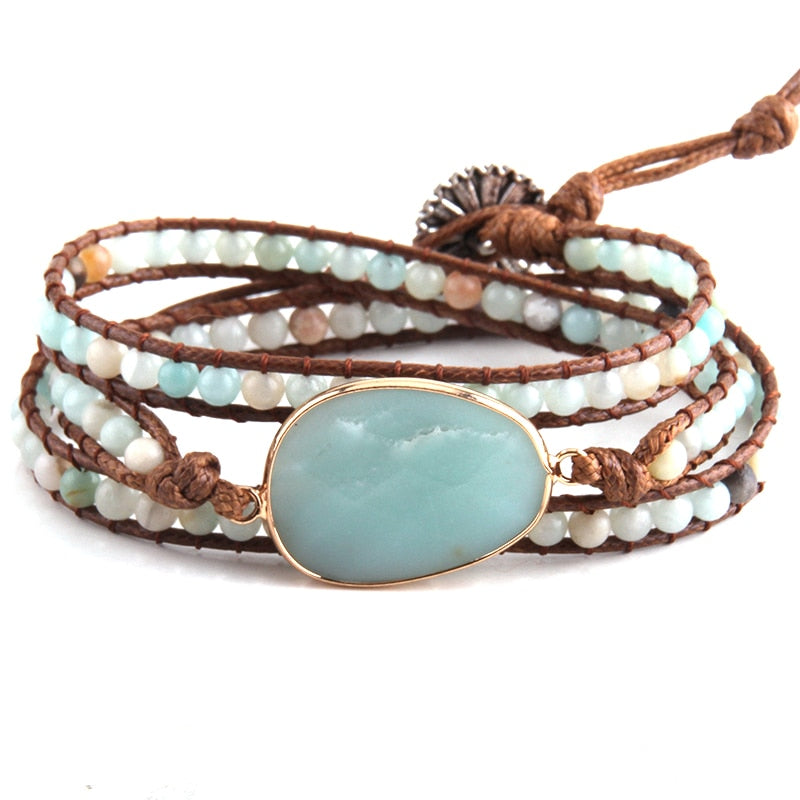 Boho Bracelet, RH 3 Layers Leather Wrap Bracelet, Natural Stones, Blue, Rose, Purple