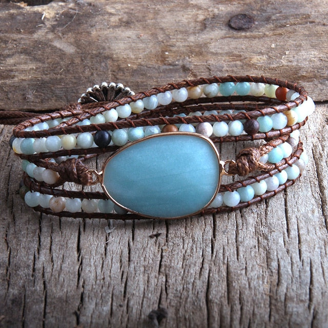 Boho Bracelet, RH 3 Layers Leather Wrap Bracelet, Natural Stones, Blue, Rose, Purple