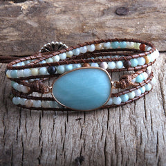 Boho Bracelet, RH 3 Layers Leather Wrap Bracelet, Natural Stones, Blue, Rose, Purple