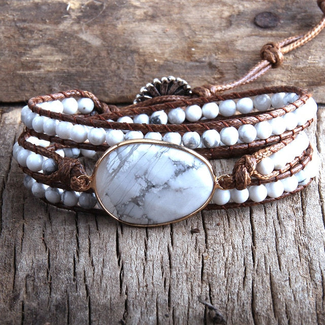 Boho Bracelet, RH 3 Layers Leather Wrap Bracelet, Natural Stones, Blue, Rose, Purple