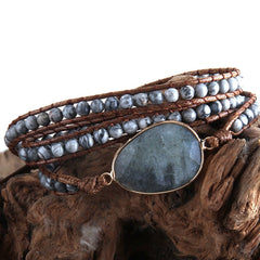 Boho Bracelet, RH 3 Layers Leather Wrap Bracelet, Natural Stones, Blue, Rose, Purple