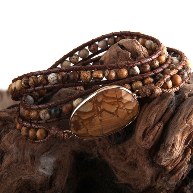 Boho Bracelet, RH 3 Layers Leather Wrap Bracelet, Natural Stones, Blue, Rose, Purple
