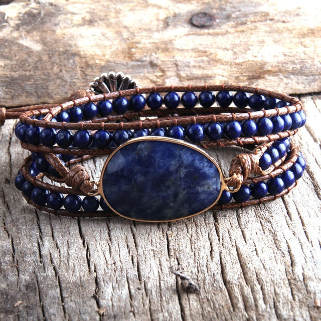 Boho Bracelet, RH 3 Layers Leather Wrap Bracelet, Natural Stones, Blue, Rose, Purple