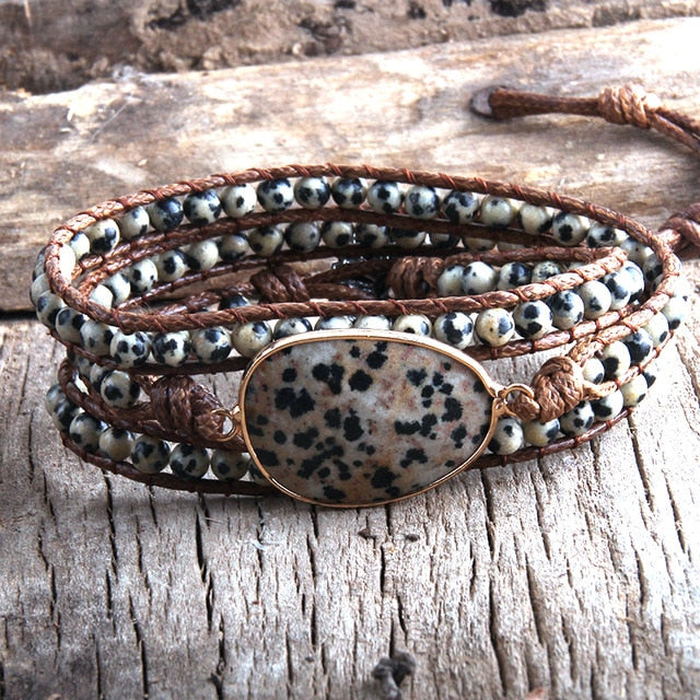 Boho Bracelet, RH 3 Layers Leather Wrap Bracelet, Natural Stones, Blue, Rose, Purple