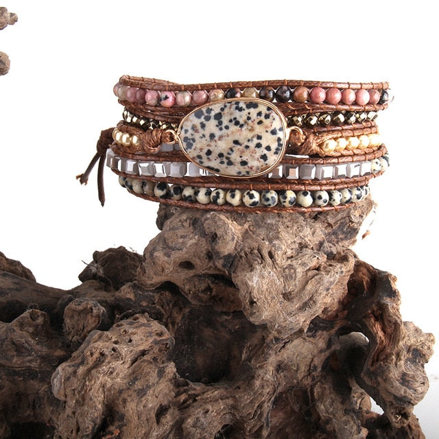 Boho Bracelet, RH 5 Layers Leather Wrap Bracelet, Crystal and Natural Stones, Blue, Rose, Purple
