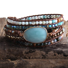 Boho Bracelet, RH 5 Layers Leather Wrap Bracelet, Crystal and Natural Stones, Blue, Rose, Purple