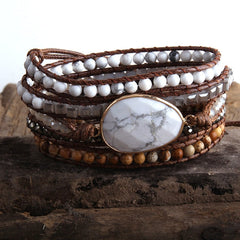 Boho Bracelet, RH 5 Layers Leather Wrap Bracelet, Crystal and Natural Stones, Blue, Rose, Purple