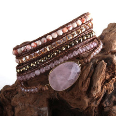 Boho Bracelet, RH 5 Layers Leather Wrap Bracelet, Crystal and Natural Stones, Blue, Rose, Purple