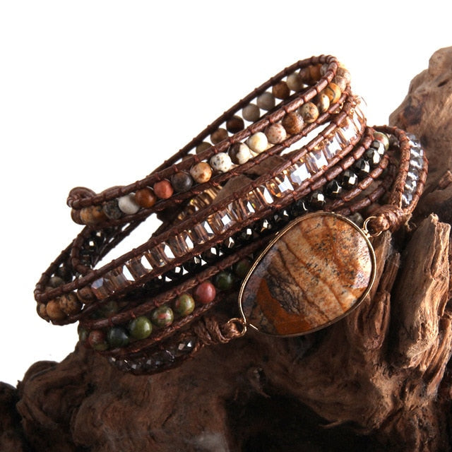 Boho Bracelet, RH 5 Layers Leather Wrap Bracelet, Crystal and Natural Stones, Blue, Rose, Purple