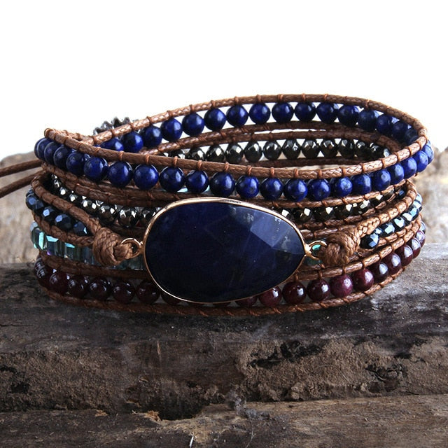 Boho Bracelet, RH 5 Layers Leather Wrap Bracelet, Crystal and Natural Stones, Blue, Rose, Purple