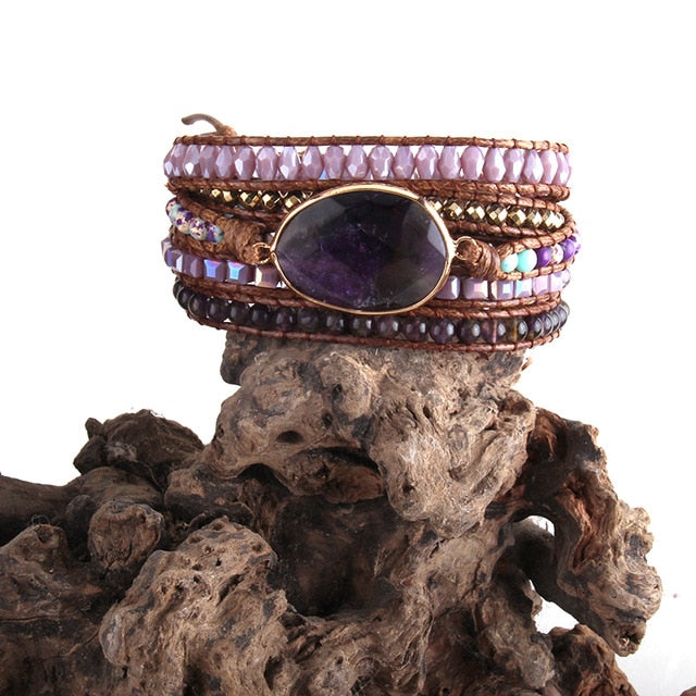 Boho Bracelet, RH 5 Layers Leather Wrap Bracelet, Crystal and Natural Stones, Blue, Rose, Purple