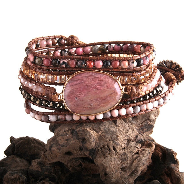 Boho Bracelet, RH 5 Layers Leather Wrap Bracelet, Crystal and Natural Stones, Blue, Rose, Purple
