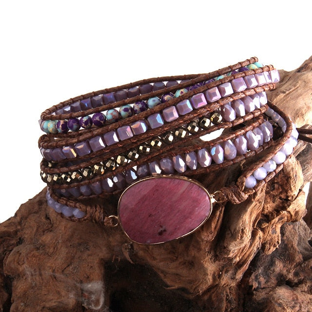 Boho Bracelet, RH 5 Layers Leather Wrap Bracelet, Natural Stones, Green, Rose, Purple