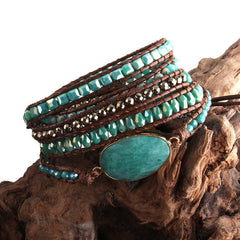 Boho Bracelet, RH 5 Layers Leather Wrap Bracelet, Natural Stones, Green, Rose, Purple
