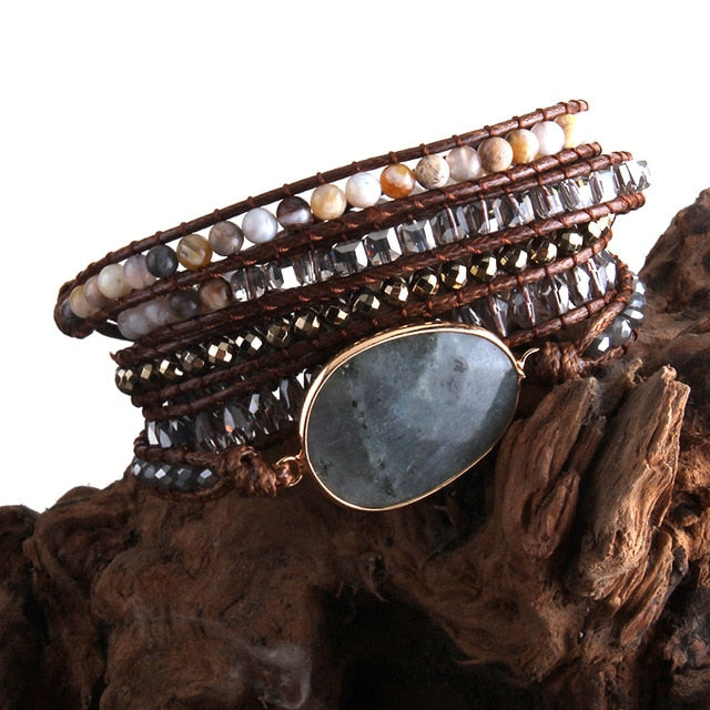 Boho Bracelet, RH 5 Layers Leather Wrap Bracelet, Natural Stones, Green, Rose, Purple