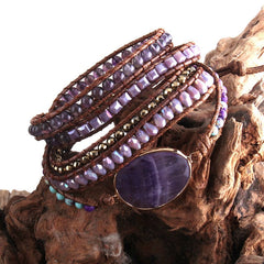Boho Bracelet, RH 5 Layers Leather Wrap Bracelet, Natural Stones, Green, Rose, Purple