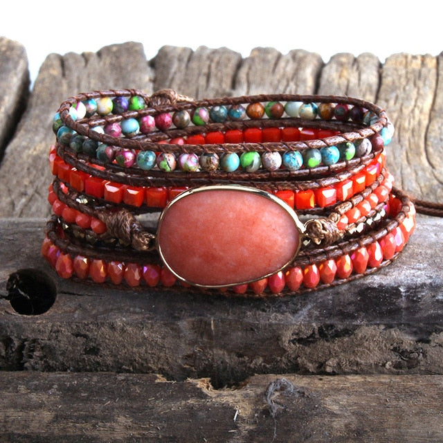 Boho Bracelet, RH 5 Layers Leather Wrap Bracelet, Natural Stones, Green, Rose, Purple