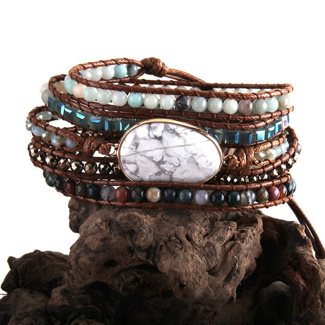 Boho Bracelet, RH 5 Layers Leather Wrap Bracelet, Natural Stones, Green, Rose, Purple