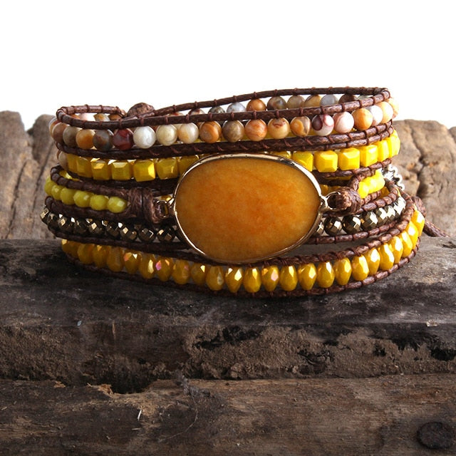 Boho Bracelet, RH 5 Layers Leather Wrap Bracelet, Natural Stones, Green, Rose, Purple