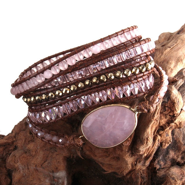 Boho Bracelet, RH 5 Layers Leather Wrap Bracelet, Natural Stones, Green, Rose, Purple