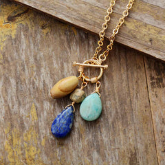 Boho Necklace, Triple Blue Jasper, Amazonite and Lapis Pendant