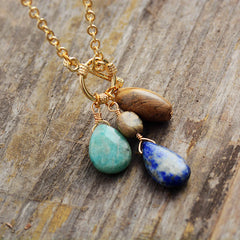 Boho Necklace, Triple Blue Jasper, Amazonite and Lapis Pendant