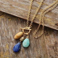 Boho Necklace, Triple Blue Jasper, Amazonite and Lapis Pendant